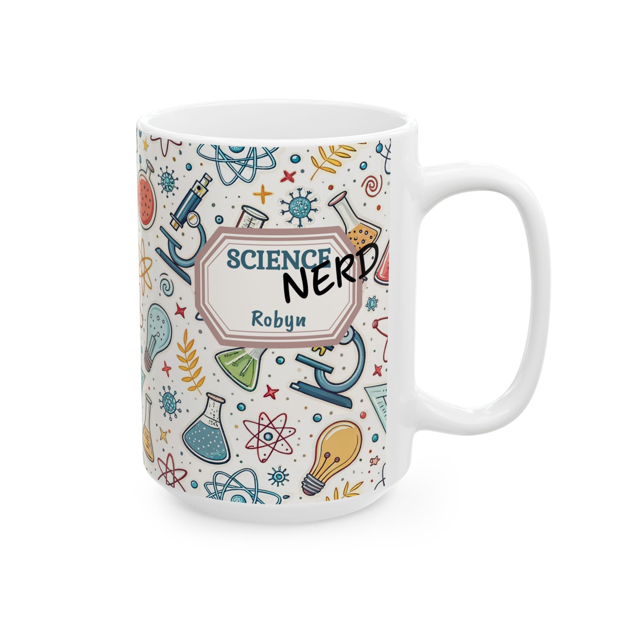 Personalized Science Nerd Mug, Chemistry Physics Laboratory Icons Ceramic Mug