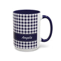 Personalized Gingham Checkered Print Style Coffee Mug, Custom Spring Style Cup, Mothers Day, Birthday, Navy Summer Mug