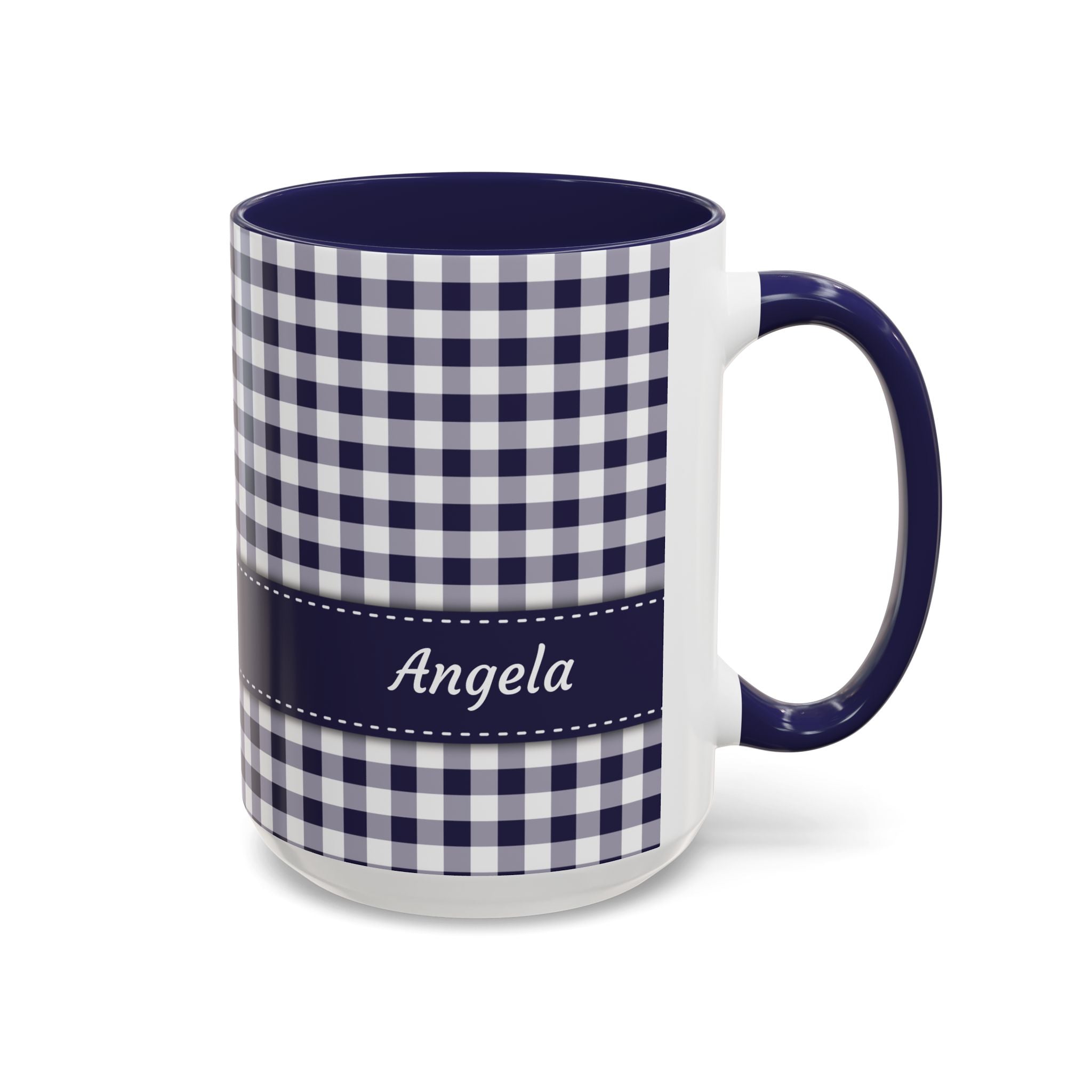 Personalized Gingham Checkered Print Style Coffee Mug, Custom Spring Style Cup, Mothers Day, Birthday, Navy Summer Mug
