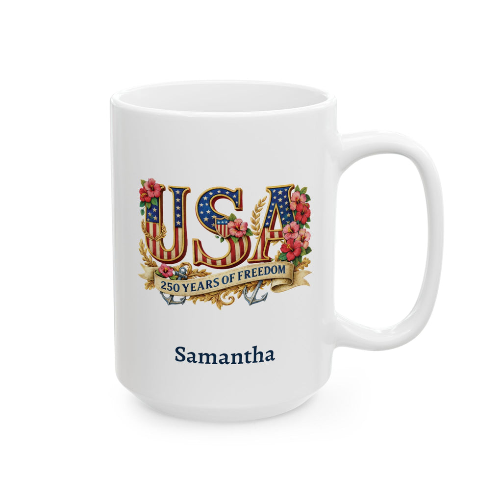 Patriotic USA Mug, 250th Anniversary Cup, American Flag Ceramic Floral Mug