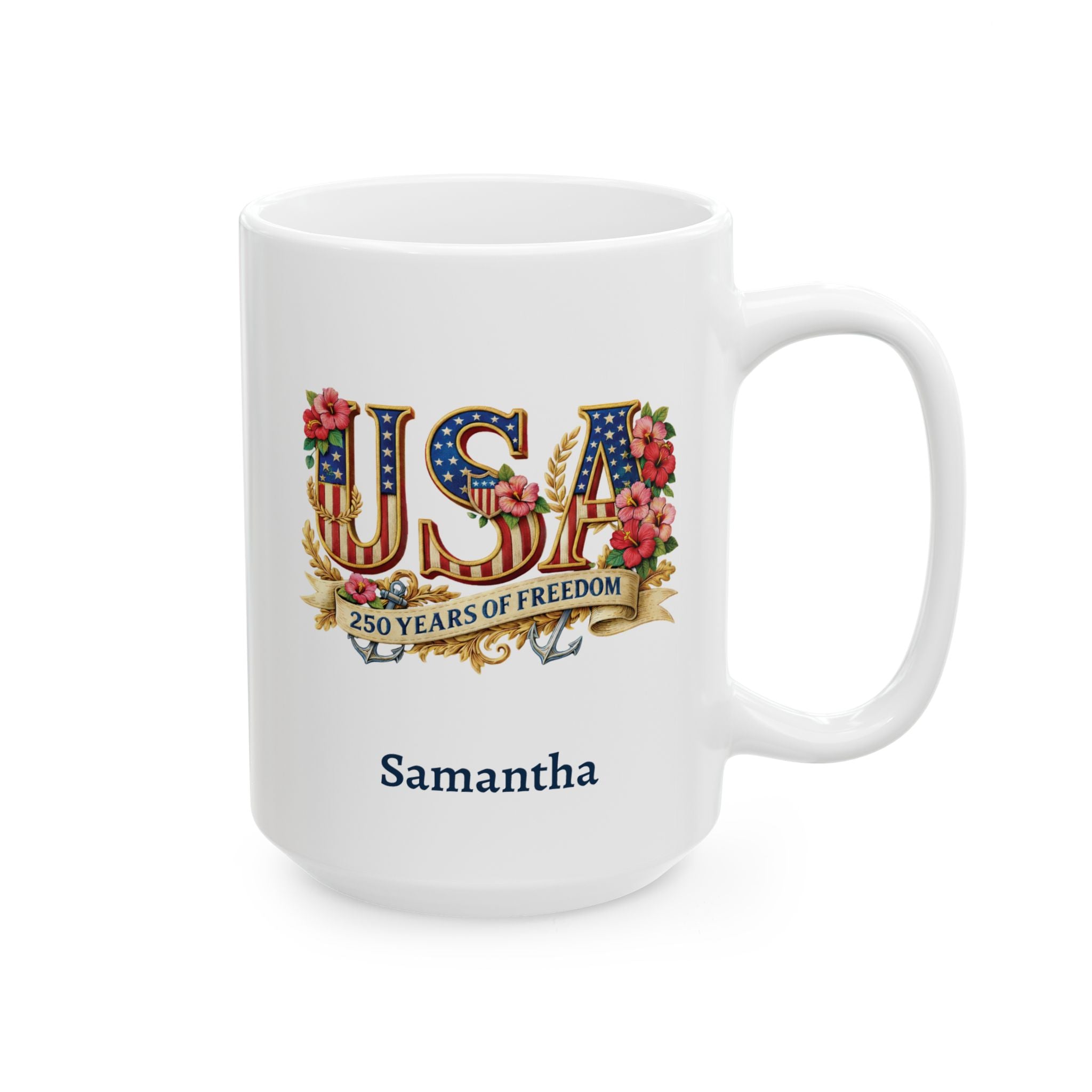 Patriotic USA Mug, 250th Anniversary Cup, American Flag Ceramic Floral Mug