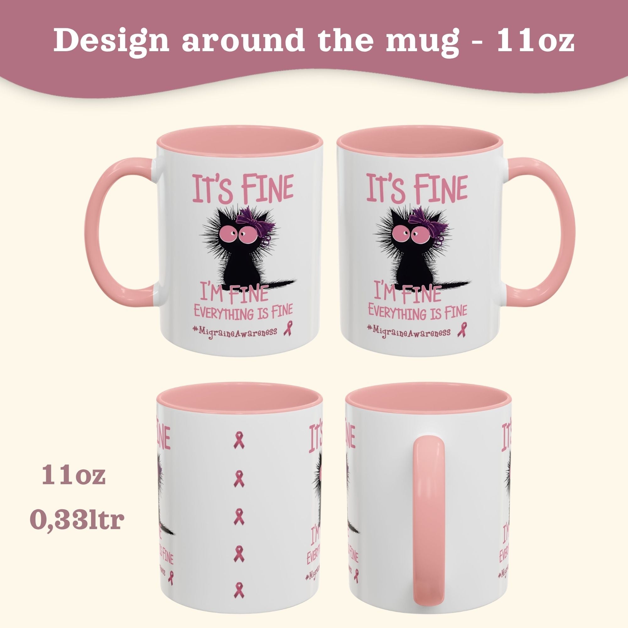 Migraine Awareness Mug, Pink Self Care Gift Cup, Herbal Tea Mug, Overstimulated Migraine Anxiety Mug, Everything Is Fine