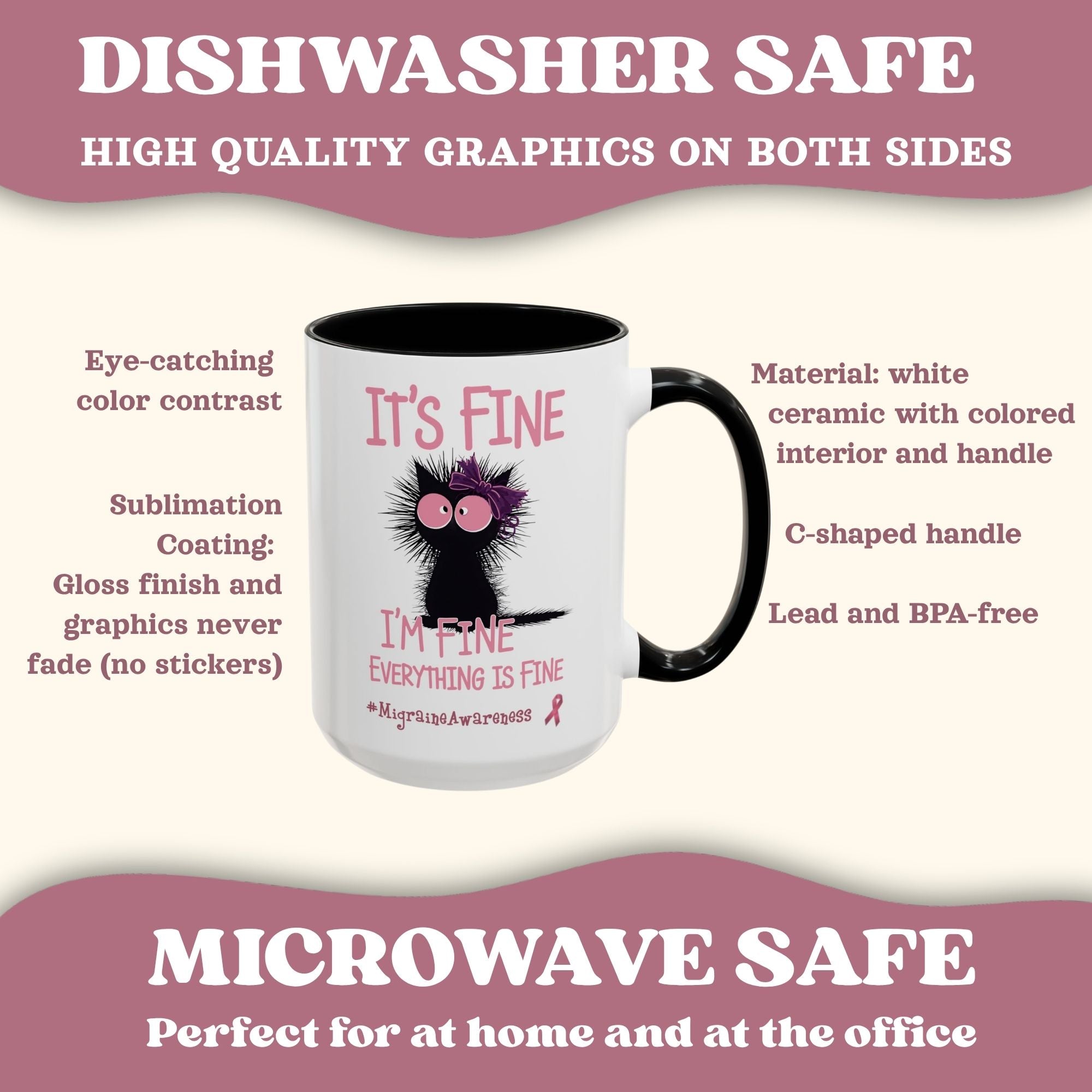 Migraine Awareness Mug, Pink Self Care Gift Cup, Herbal Tea Mug, Overstimulated Migraine Anxiety Mug, Everything Is Fine