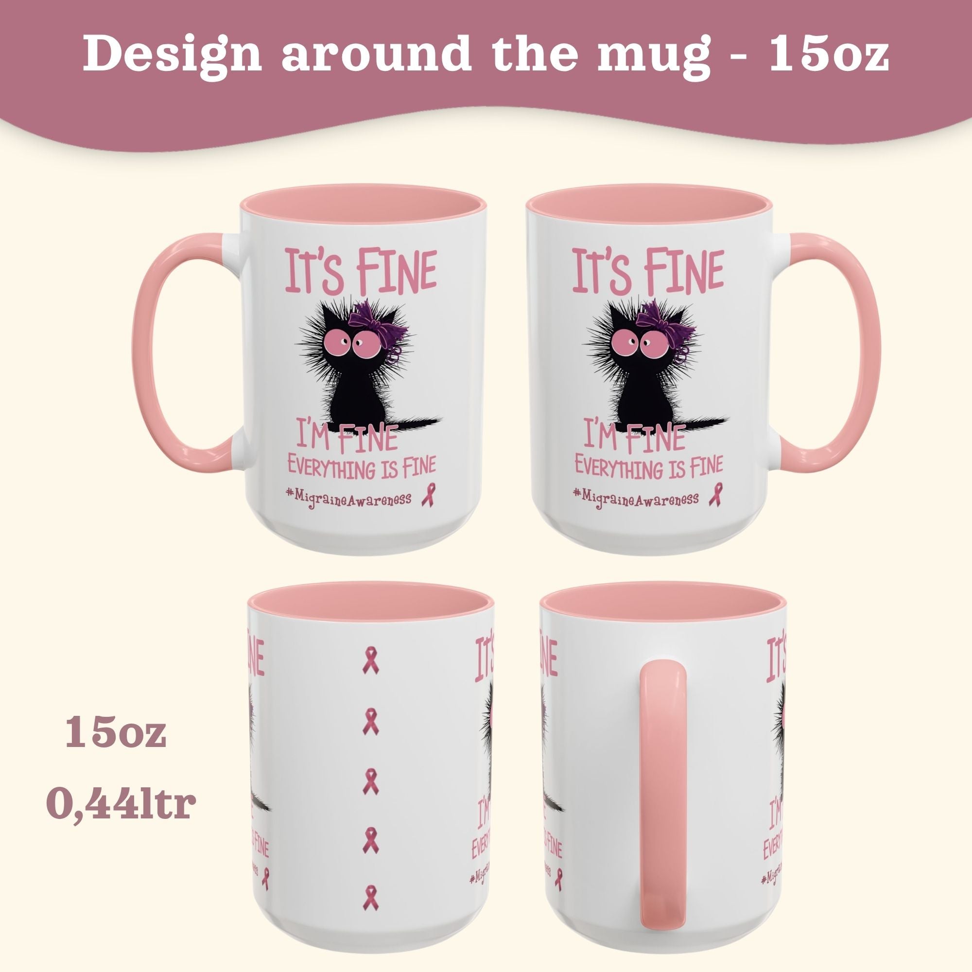 Migraine Awareness Mug, Pink Self Care Gift Cup, Herbal Tea Mug, Overstimulated Migraine Anxiety Mug, Everything Is Fine