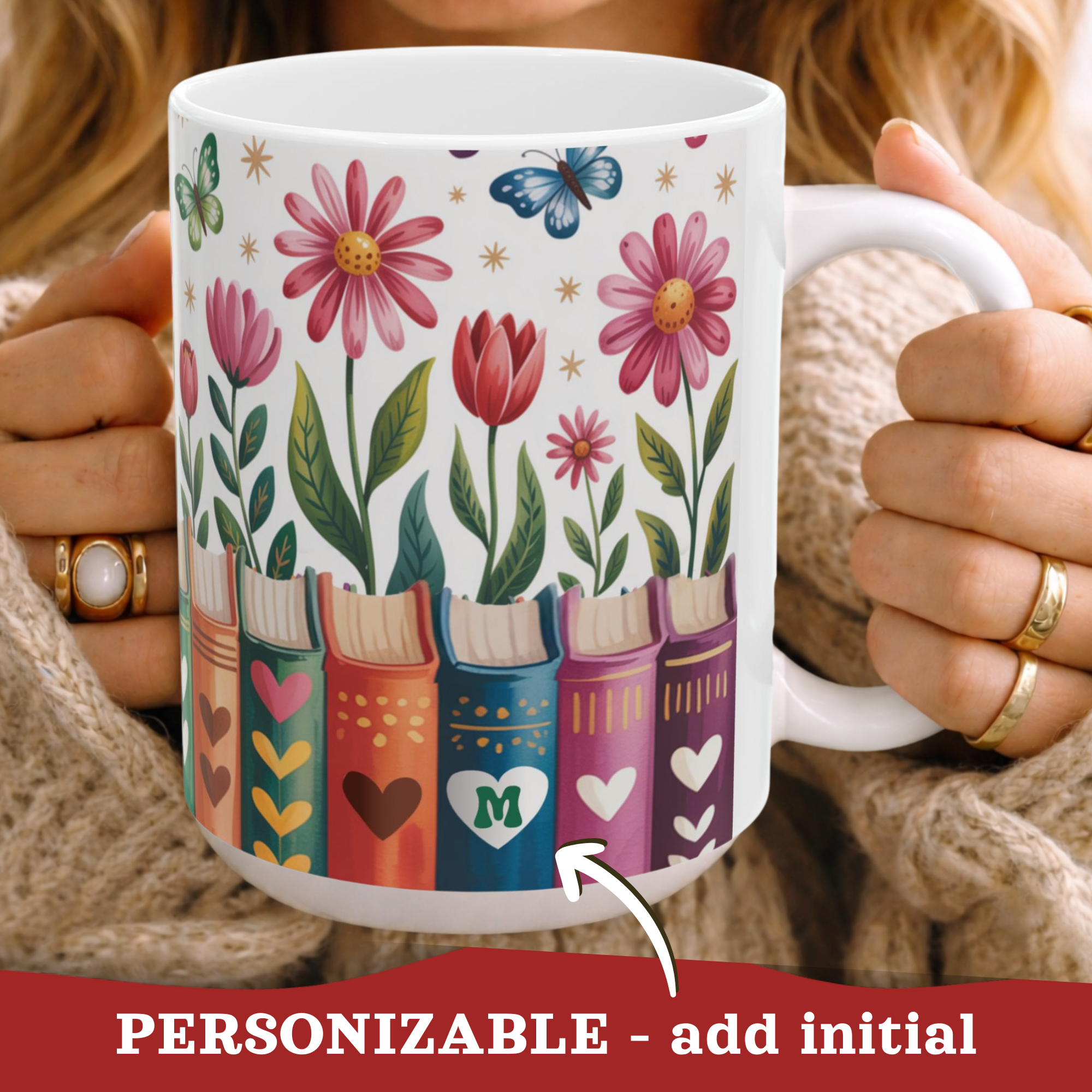 Personalizable Flower Bookshelf Mug, Book Lover Mug, Bookish Floral Mug, Floral Book Cup, Custom Coffee Mug