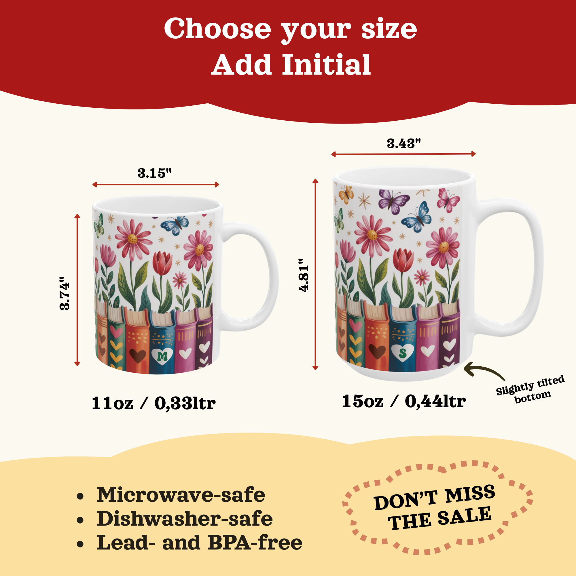 Personalizable Flower Bookshelf Mug, Book Lover Mug, Bookish Floral Mug, Floral Book Cup, Custom Coffee Mug