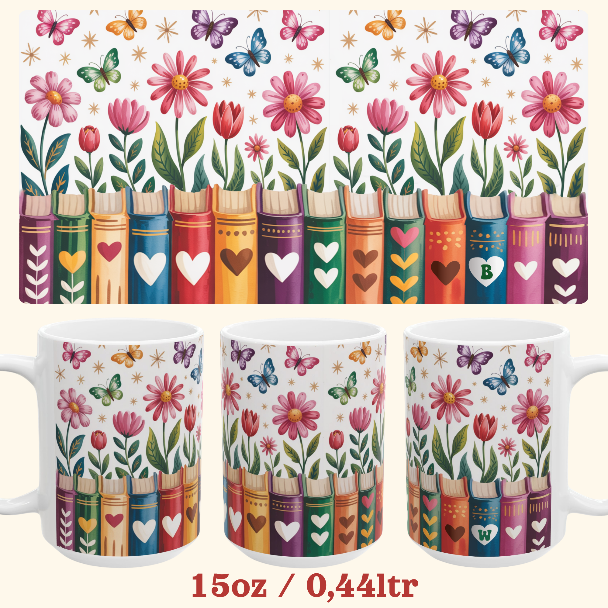 Personalizable Flower Bookshelf Mug, Book Lover Mug, Bookish Floral Mug, Floral Book Cup, Custom Coffee Mug