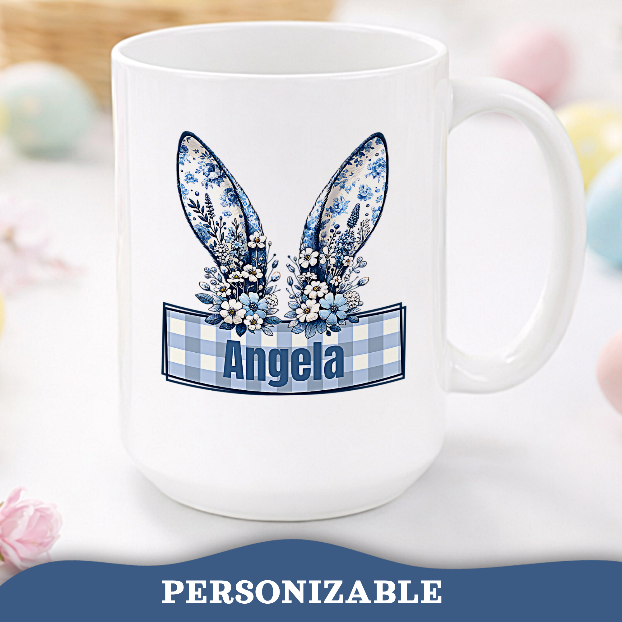 Personalizable Easter Mug, Bunny Ears Cup, Blue Pastel Vintage Cottagecore Mug, Floral Bunny Mug, Ceramic Coffee Cup, Spring Easter Decor