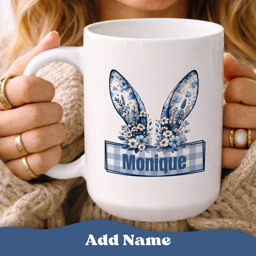Personalizable Easter Mug, Bunny Ears Cup, Blue Pastel Vintage Cottagecore Mug, Floral Bunny Mug, Ceramic Coffee Cup, Spring Easter Decor