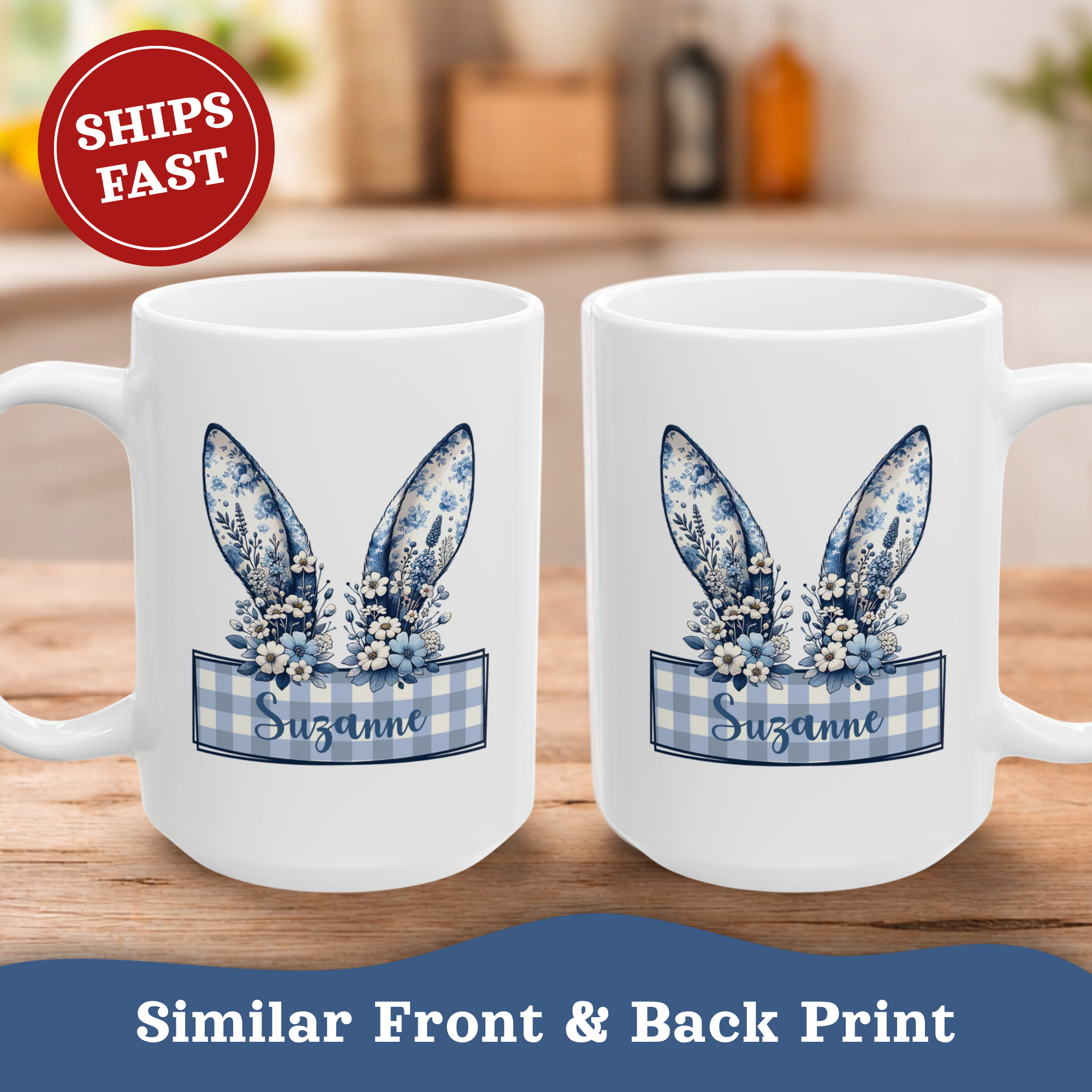 Personalizable Easter Mug, Bunny Ears Cup, Blue Pastel Vintage Cottagecore Mug, Floral Bunny Mug, Ceramic Coffee Cup, Spring Easter Decor