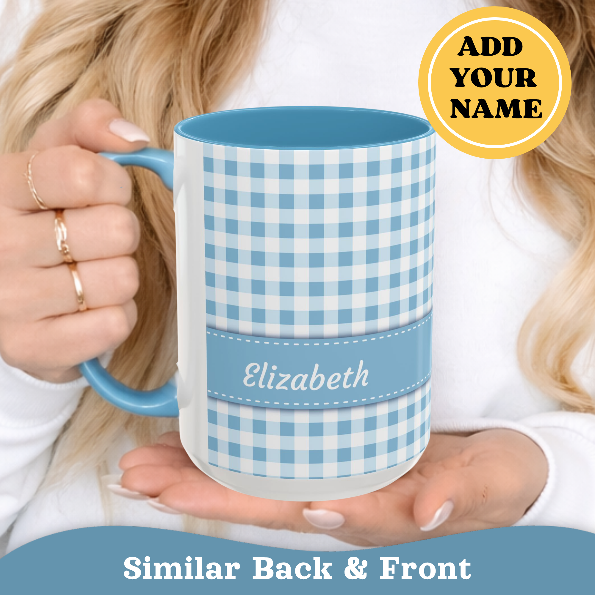 Personalized Gingham Checkered Print Style Coffee Mug, Custom Spring Style Cup, Mothers Day, Birthday, Blue Summer Mug