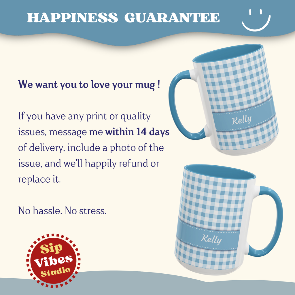 Personalized Gingham Checkered Print Style Coffee Mug, Custom Spring Style Cup, Mothers Day, Birthday, Blue Summer Mug