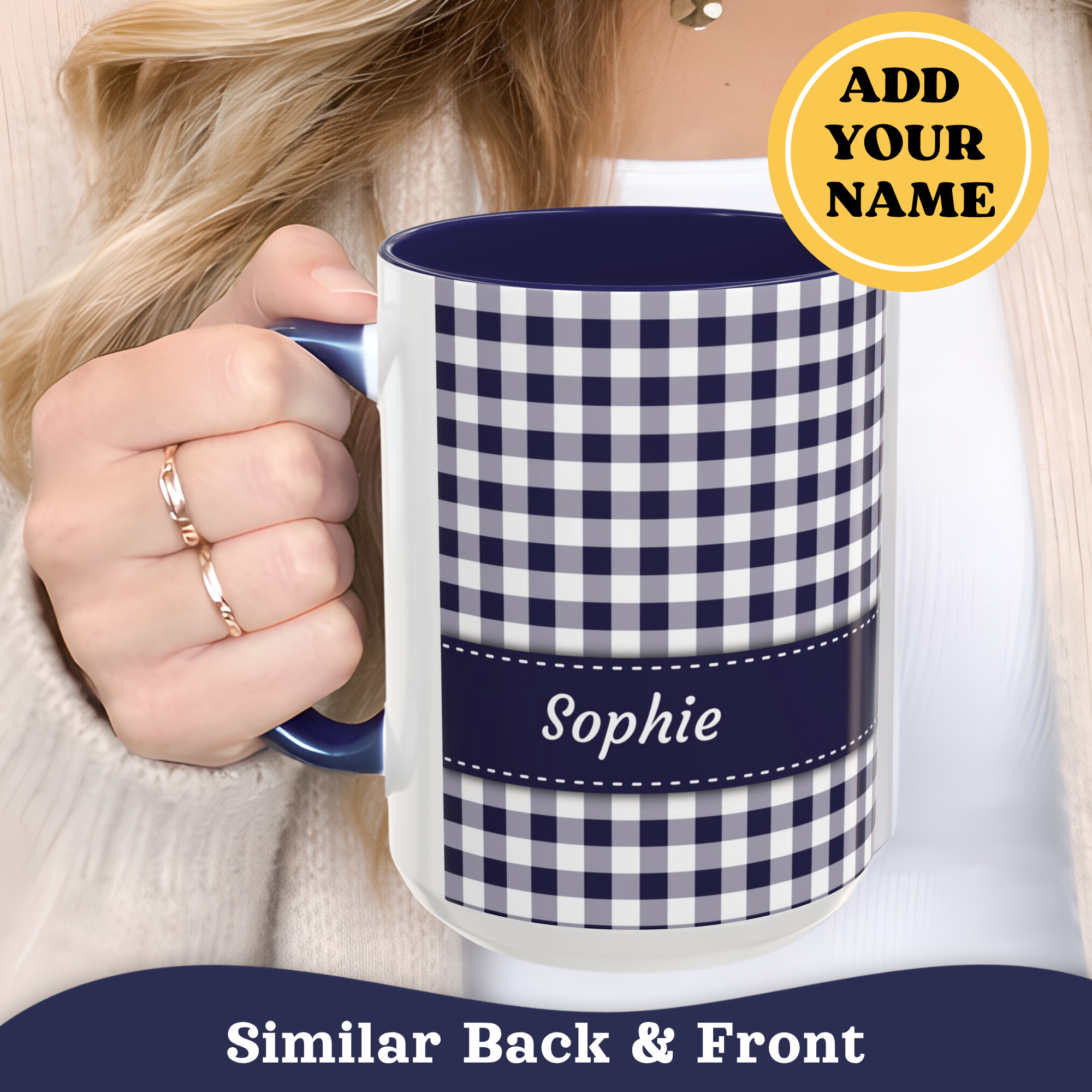 Personalized Gingham Checkered Print Style Coffee Mug, Custom Spring Style Cup, Mothers Day, Birthday, Navy Summer Mug