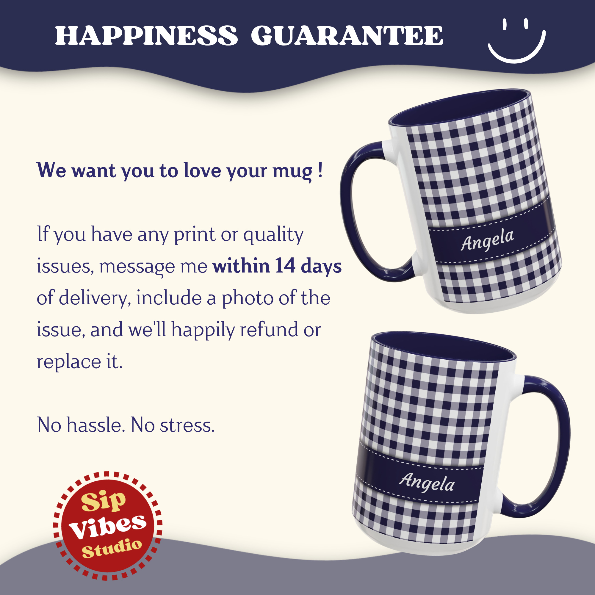Personalized Gingham Checkered Print Style Coffee Mug, Custom Spring Style Cup, Mothers Day, Birthday, Navy Summer Mug