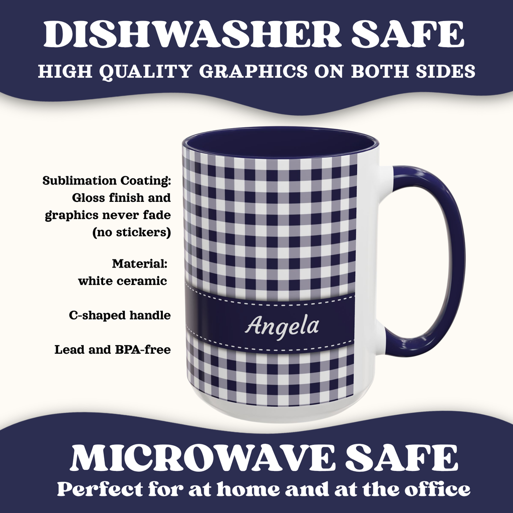 Personalized Gingham Checkered Print Style Coffee Mug, Custom Spring Style Cup, Mothers Day, Birthday, Navy Summer Mug