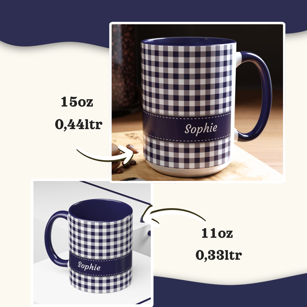 Personalized Gingham Checkered Print Style Coffee Mug, Custom Spring Style Cup, Mothers Day, Birthday, Navy Summer Mug