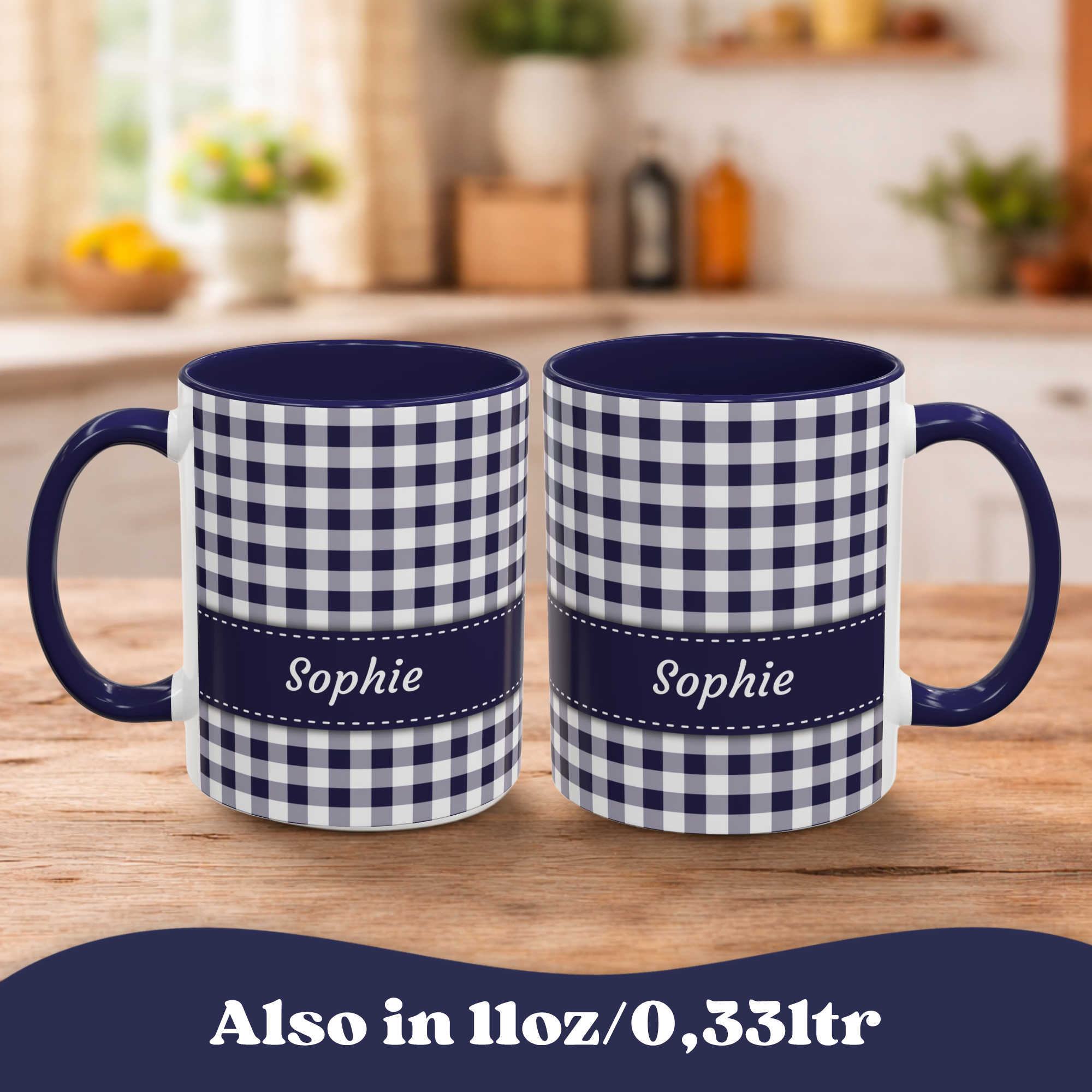 Personalized Gingham Checkered Print Style Coffee Mug, Custom Spring Style Cup, Mothers Day, Birthday, Navy Summer Mug