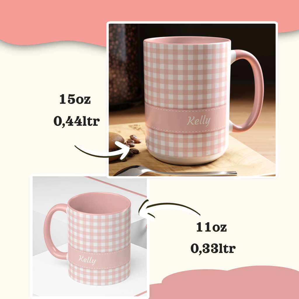 Personalized Gingham Checkered Print Style Coffee Mug, Custom Spring Style Cup, Mothers Day, Birthday, Pink Summer Mug