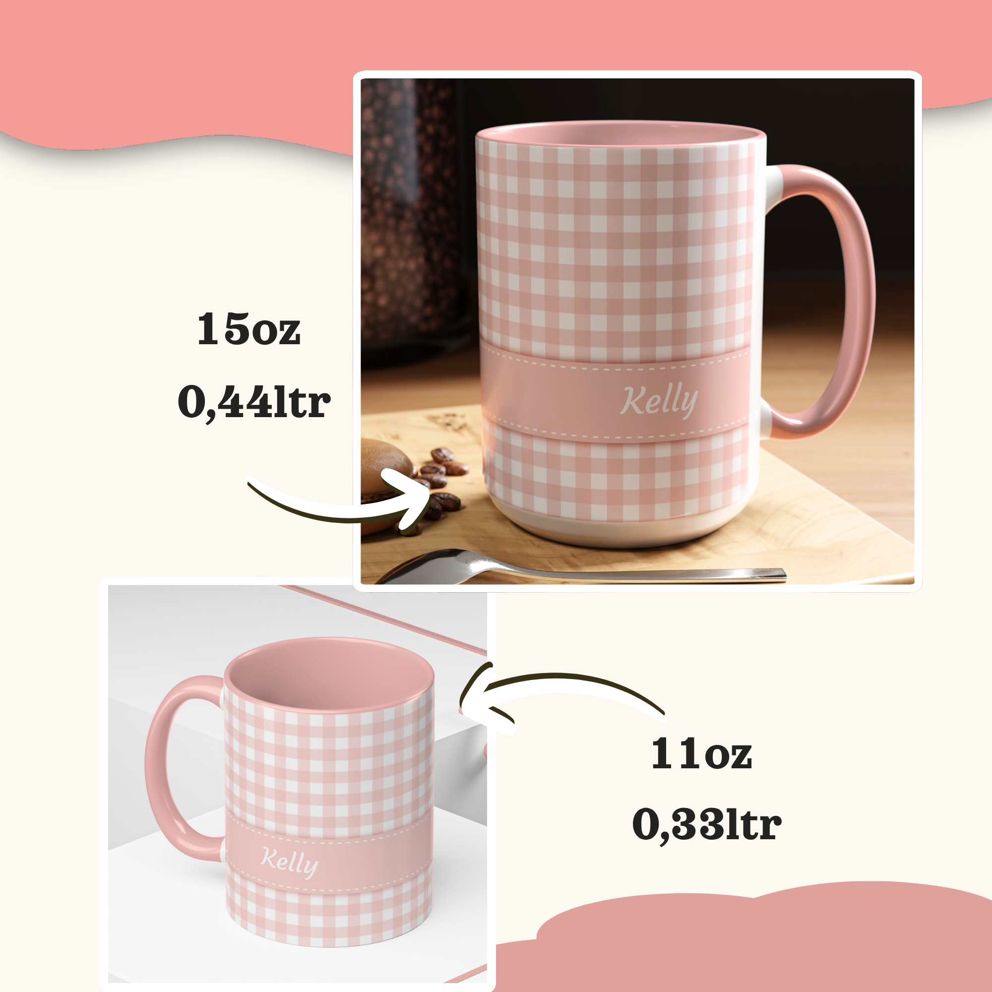 Personalized Gingham Checkered Print Style Coffee Mug, Custom Spring Style Cup, Mothers Day, Birthday, Pink Summer Mug