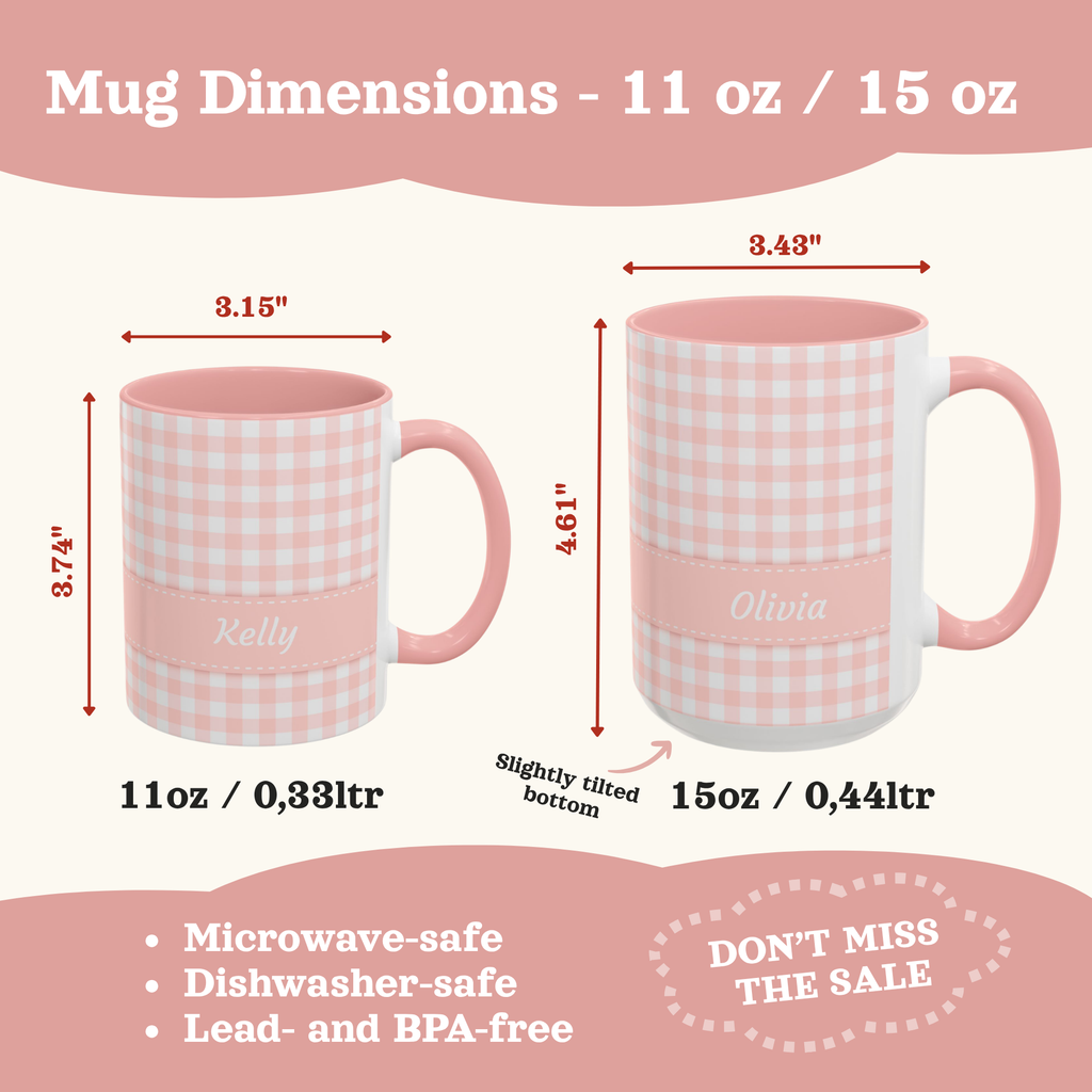Personalized Gingham Checkered Print Style Coffee Mug, Custom Spring Style Cup, Mothers Day, Birthday, Pink Summer Mug