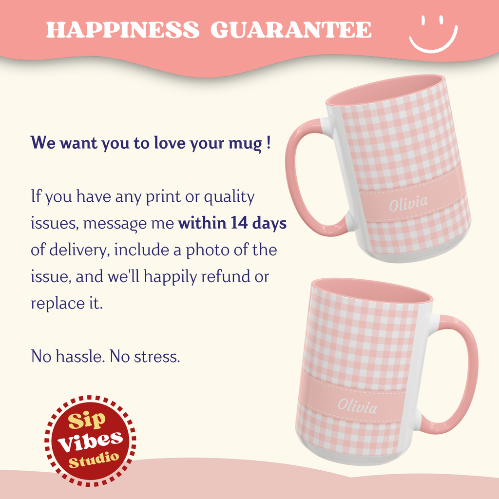 Personalized Gingham Checkered Print Style Coffee Mug, Custom Spring Style Cup, Mothers Day, Birthday, Pink Summer Mug