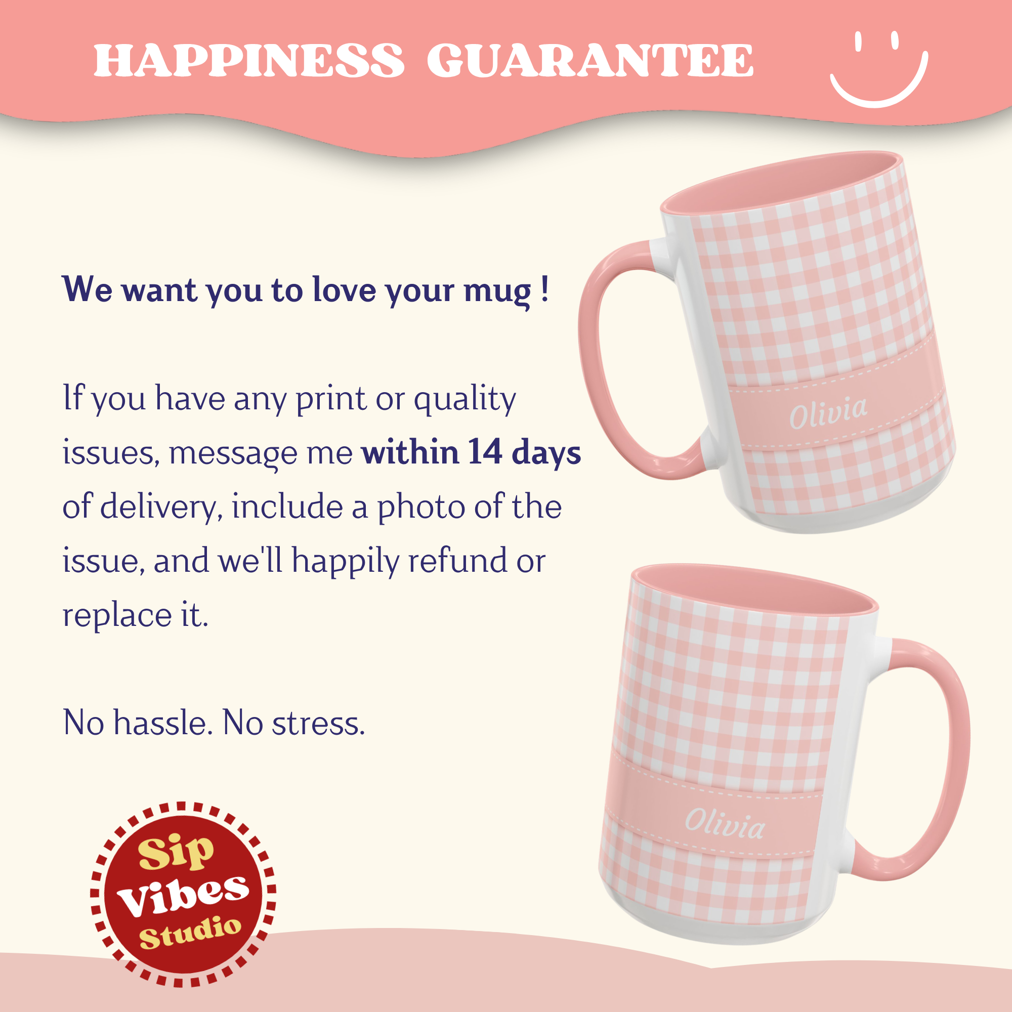 Personalized Gingham Checkered Print Style Coffee Mug, Custom Spring Style Cup, Mothers Day, Birthday, Pink Summer Mug