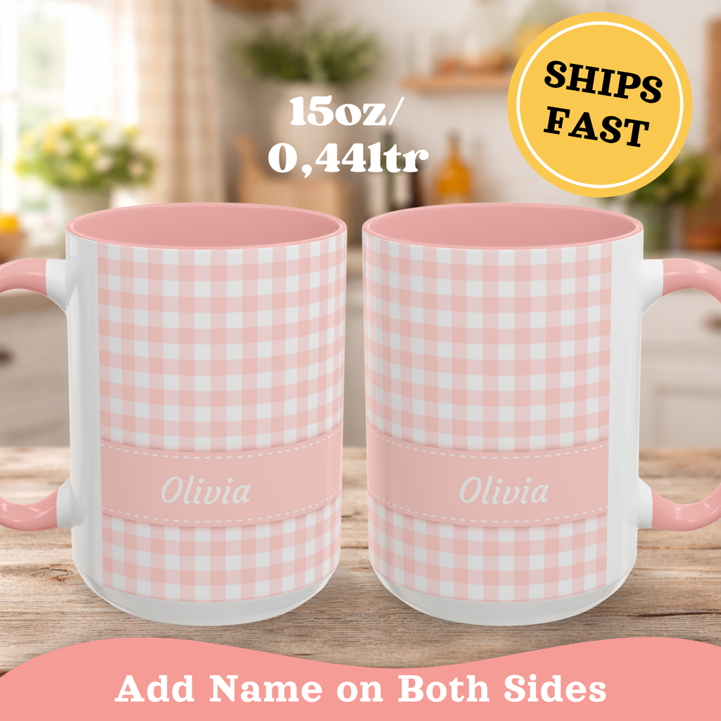 Personalized Gingham Checkered Print Style Coffee Mug, Custom Spring Style Cup, Mothers Day, Birthday, Pink Summer Mug
