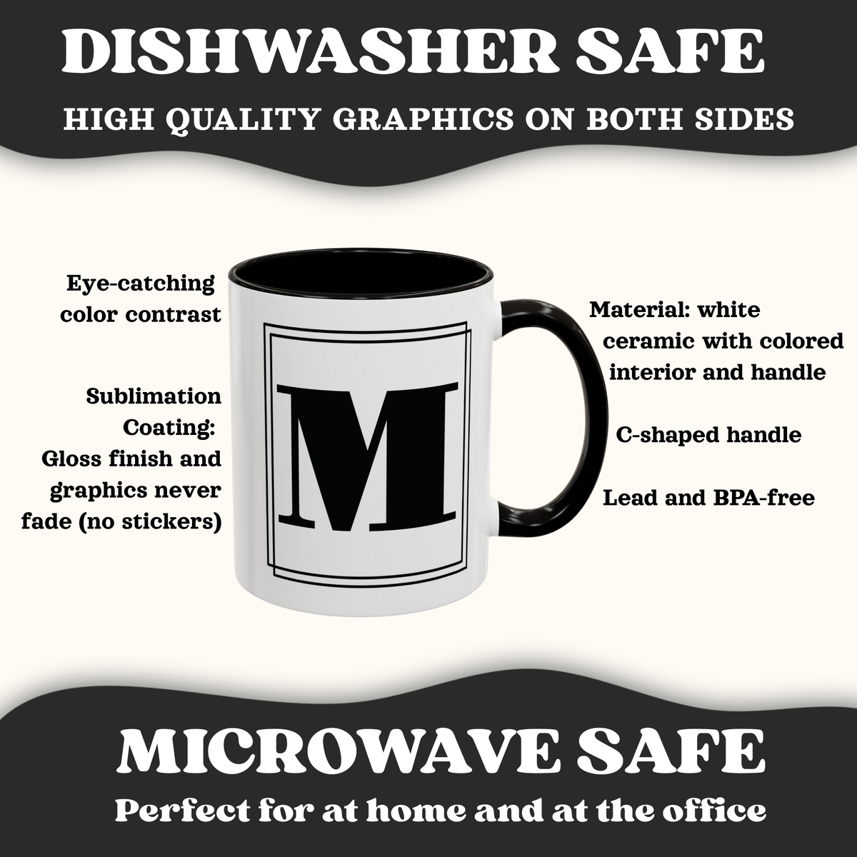 Dishwasher and Micowave safe, showing features of the accent color mug.