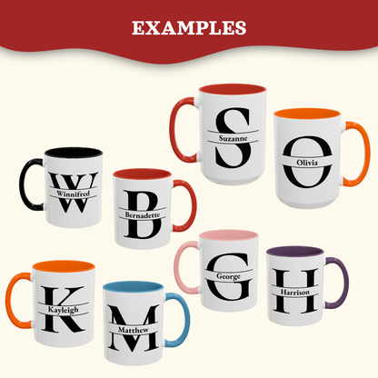 Examples of mug size, available mug colors with different monograms and names printed on them.