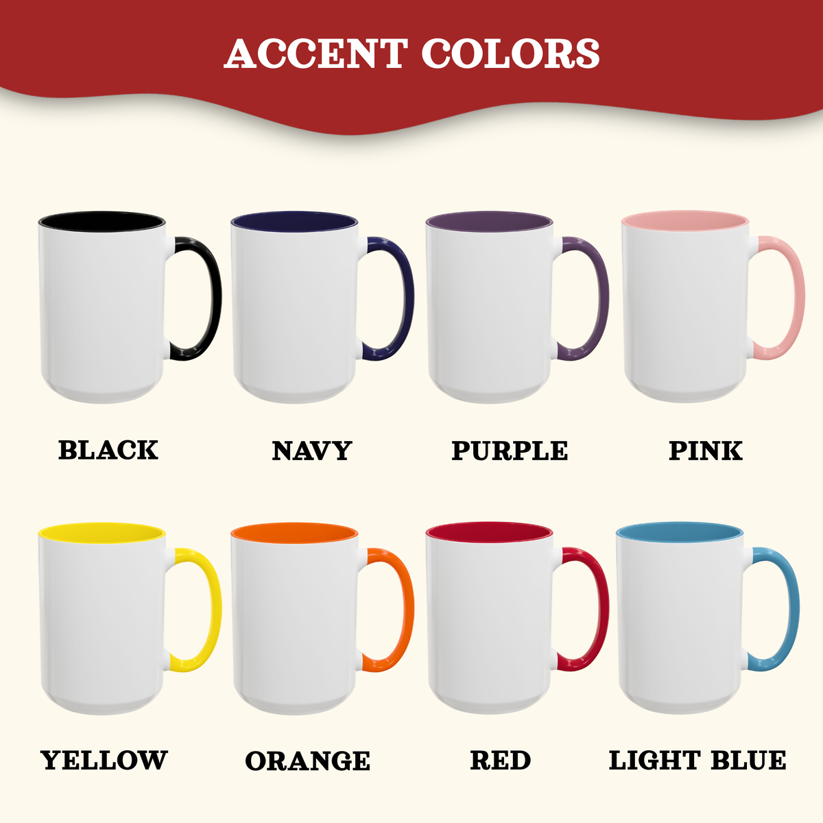 Colorchart of 8 available accent mug colors.