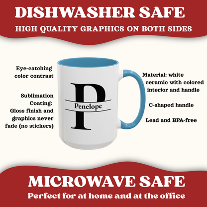 Dishwasher & Microwave safe and features of the accent color mugs.