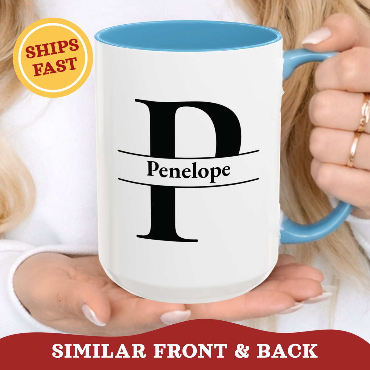 Person holding light blue accent color mug with black monogram printed on it and name over the monogram.