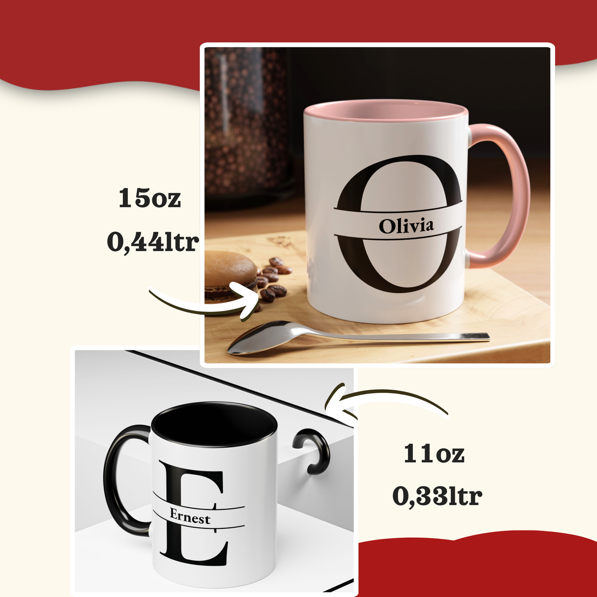 Two lifestyle shots of both 11 and 15oz mugs.