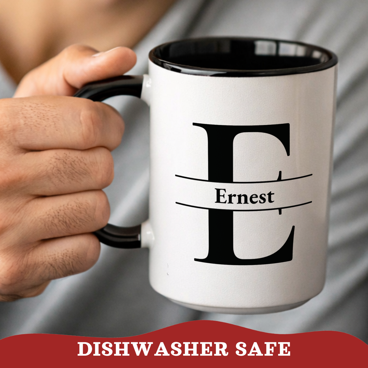 black accent color mug with black monogram capital letter E and name Ernest printed over it.