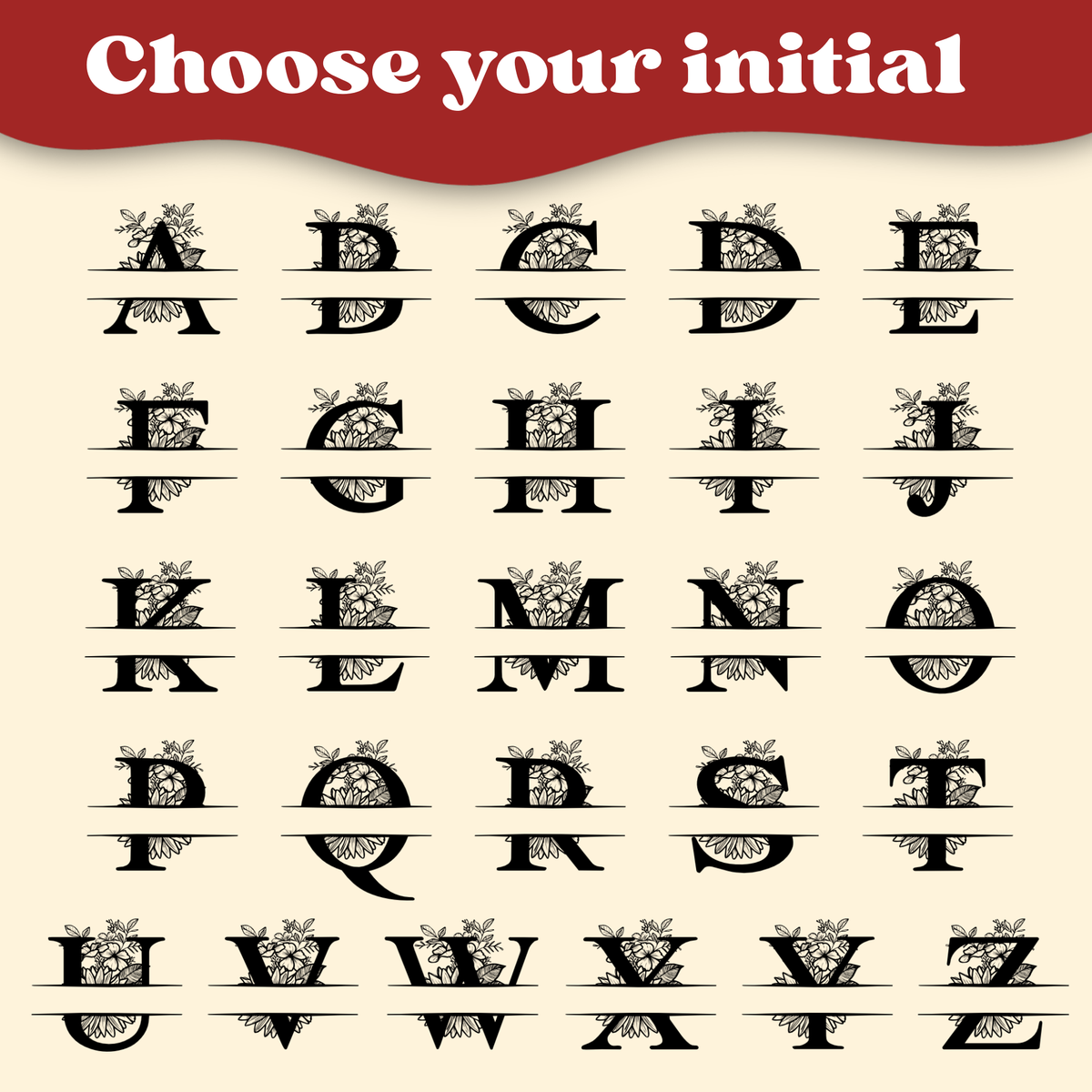 A decorative monogram font alphabet preview showing the uppercase letters A through Z with ornate black floral scrollwork details. A red banner at the top reads 'Choose your initial' on a light cream background.