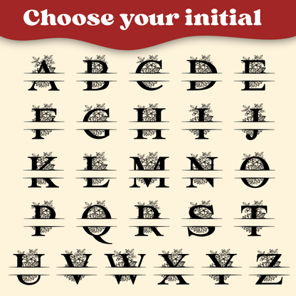 A decorative monogram font alphabet preview showing the uppercase letters A through Z with ornate black floral scrollwork details. A red banner at the top reads 'Choose your initial' on a light cream background.