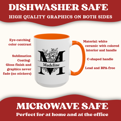 A white ceramic mug with a bright orange interior and handle, featuring a large black monogram 'M' and the name 'Madeline' with floral artwork. The mug is centered on a light background with red promotional banners and text stating 'DISHWASHER SAFE' and 'MICROWAVE SAFE,' plus feature callouts about color contrast, material, handle shape, and BPA-free finish.