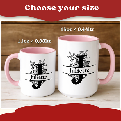Two white ceramic mugs with pink interiors and handles are shown on a light wood surface with a wooden backdrop. White text above and below indicates two sizes: 11oz / 0,33ltr and 15oz / 0,44ltr.