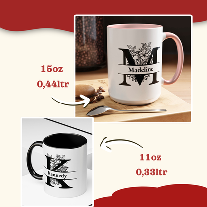 Two ceramic mugs with custom monogram designs and name text overlays on a cream background with red decorative shapes. The top mug is white with a pink interior and handle, labeled 15oz / 0,44lt, featuring a large floral monogram 'M' and the name 'Madeline'.