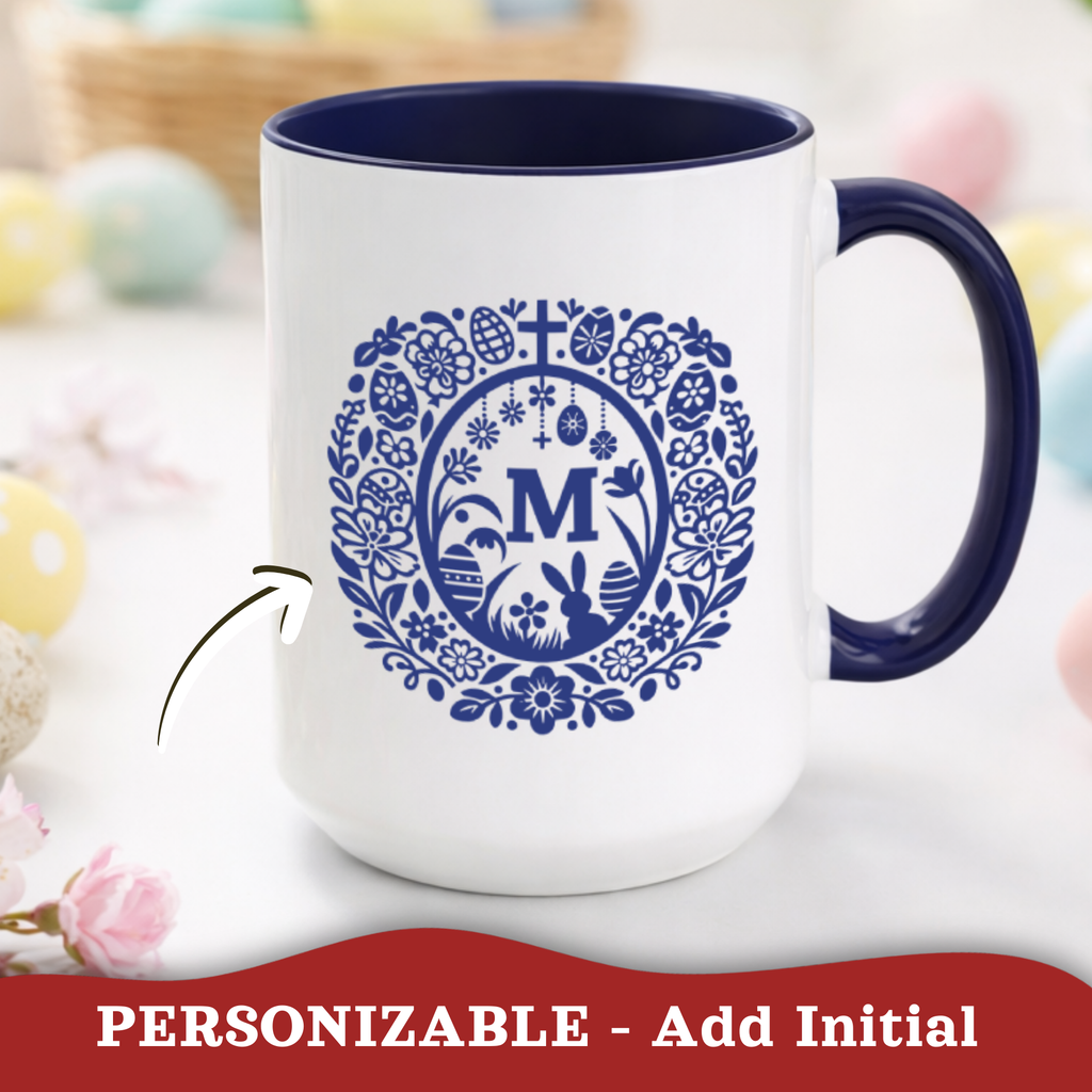Easter monogram wreath accent mug – size and personalisation details