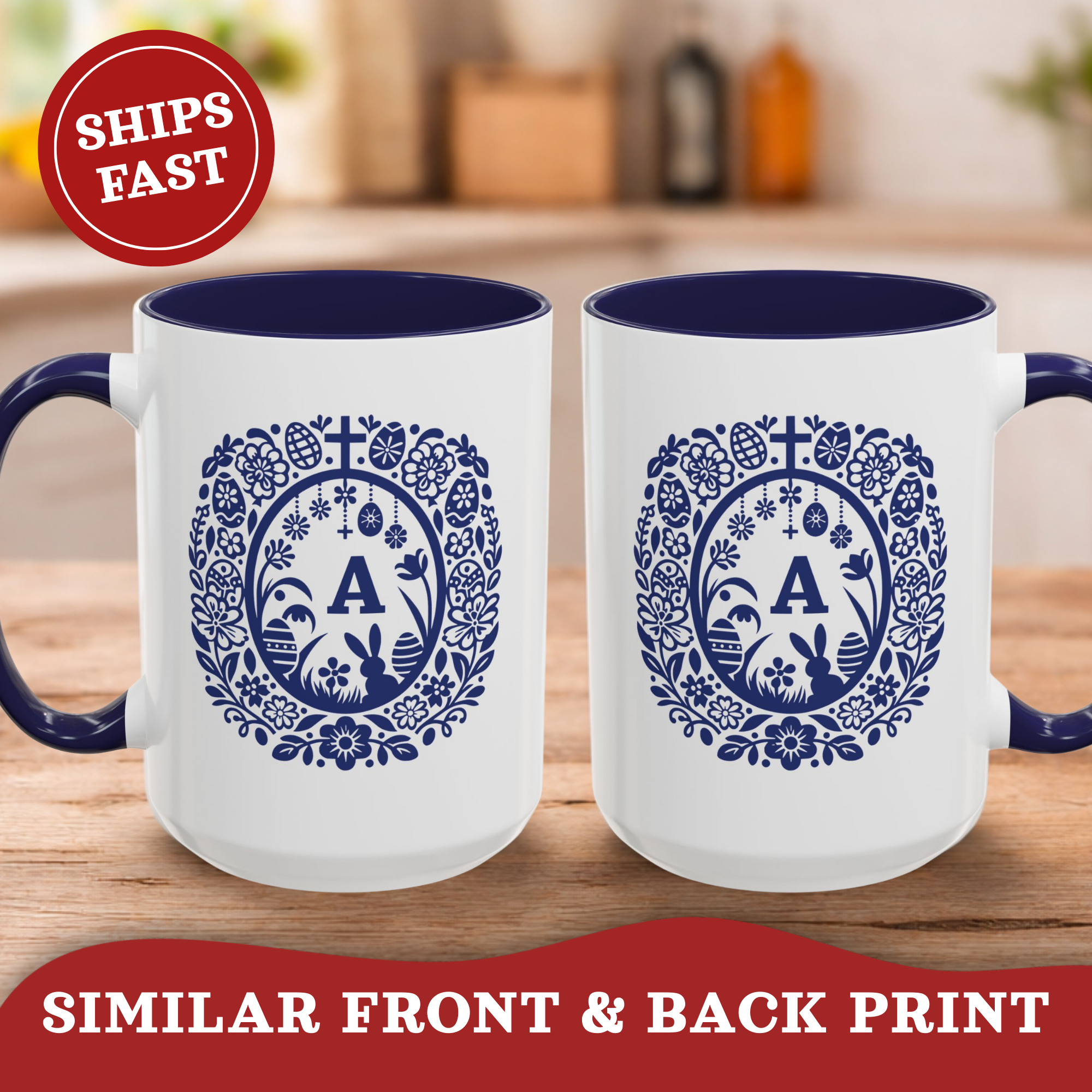 Personalized Easter Monogram Wreath Mug – Blue Folk Initial Accent Cup