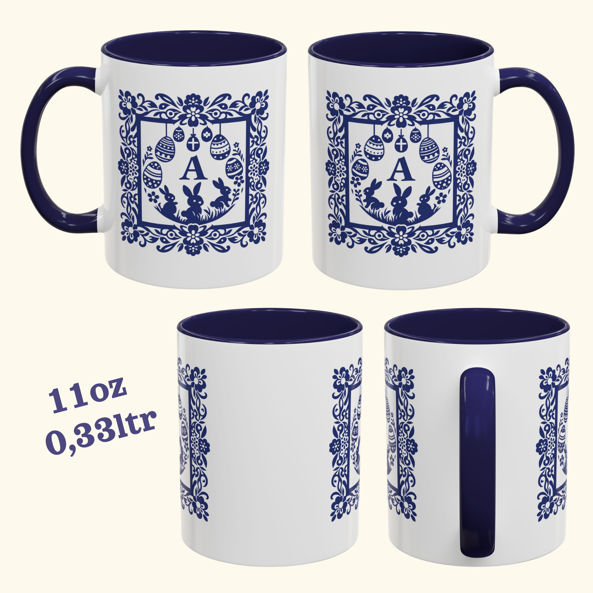 Personalized Easter Monogram Mug – Blue Folk Initial Frame Accent Cup