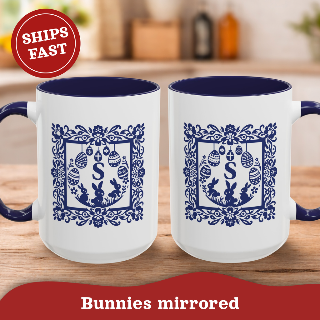 Personalized Easter Monogram Mug – Blue Folk Initial Frame Accent Cup
