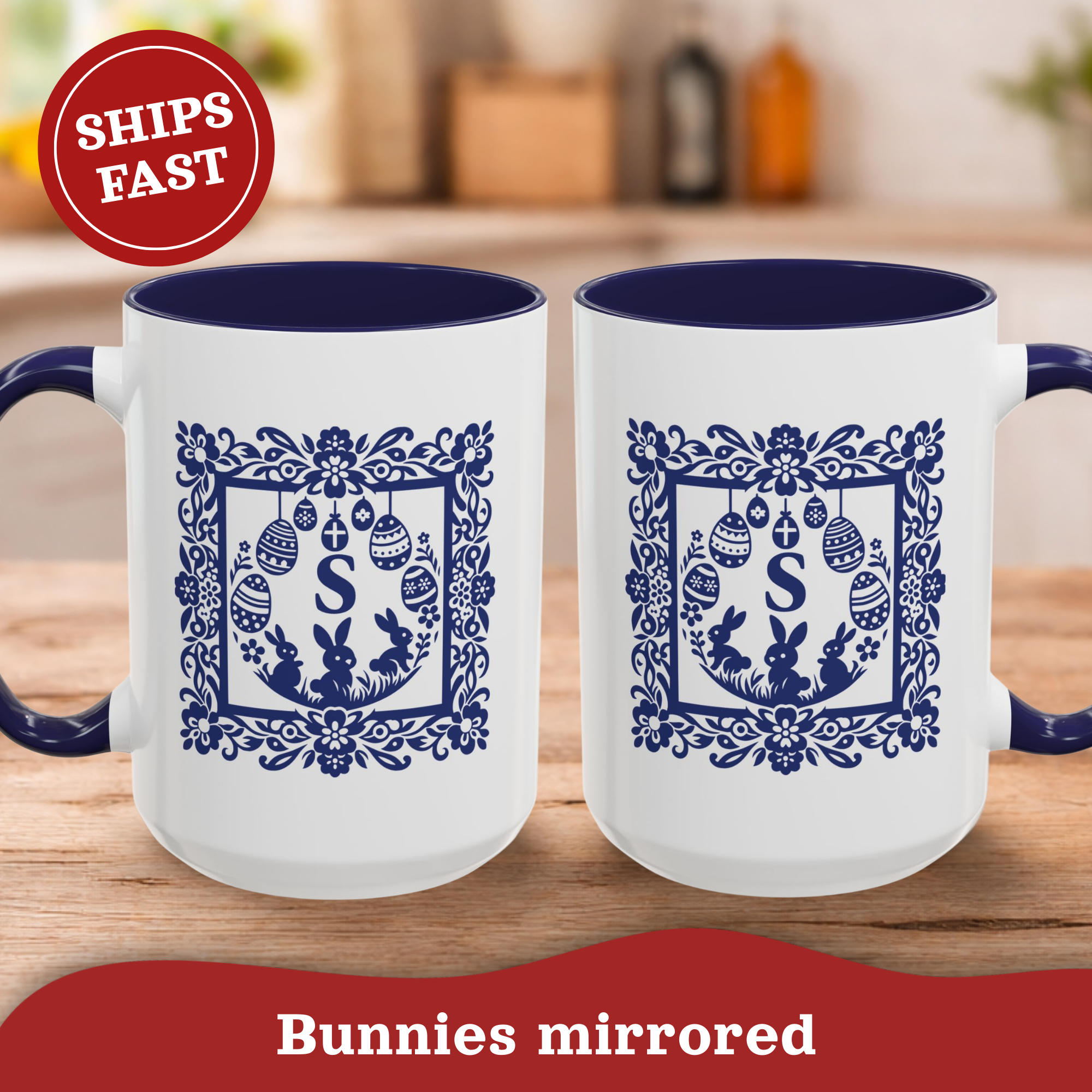 Personalized Easter Monogram Mug – Blue Folk Initial Frame Accent Cup