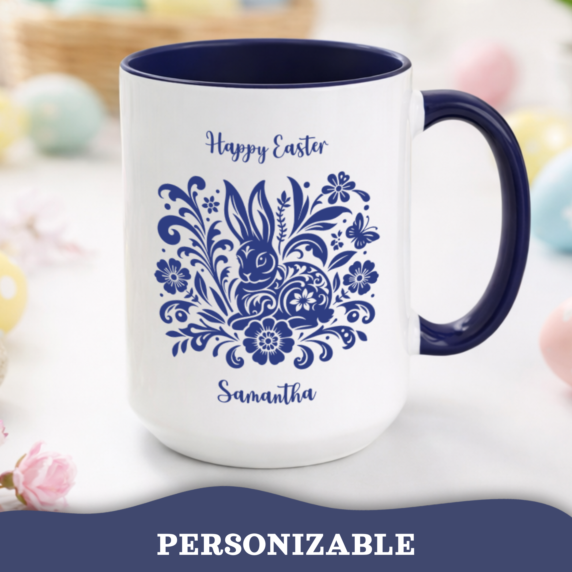 Blue folk bunny Easter accent mug – size and personalisation details