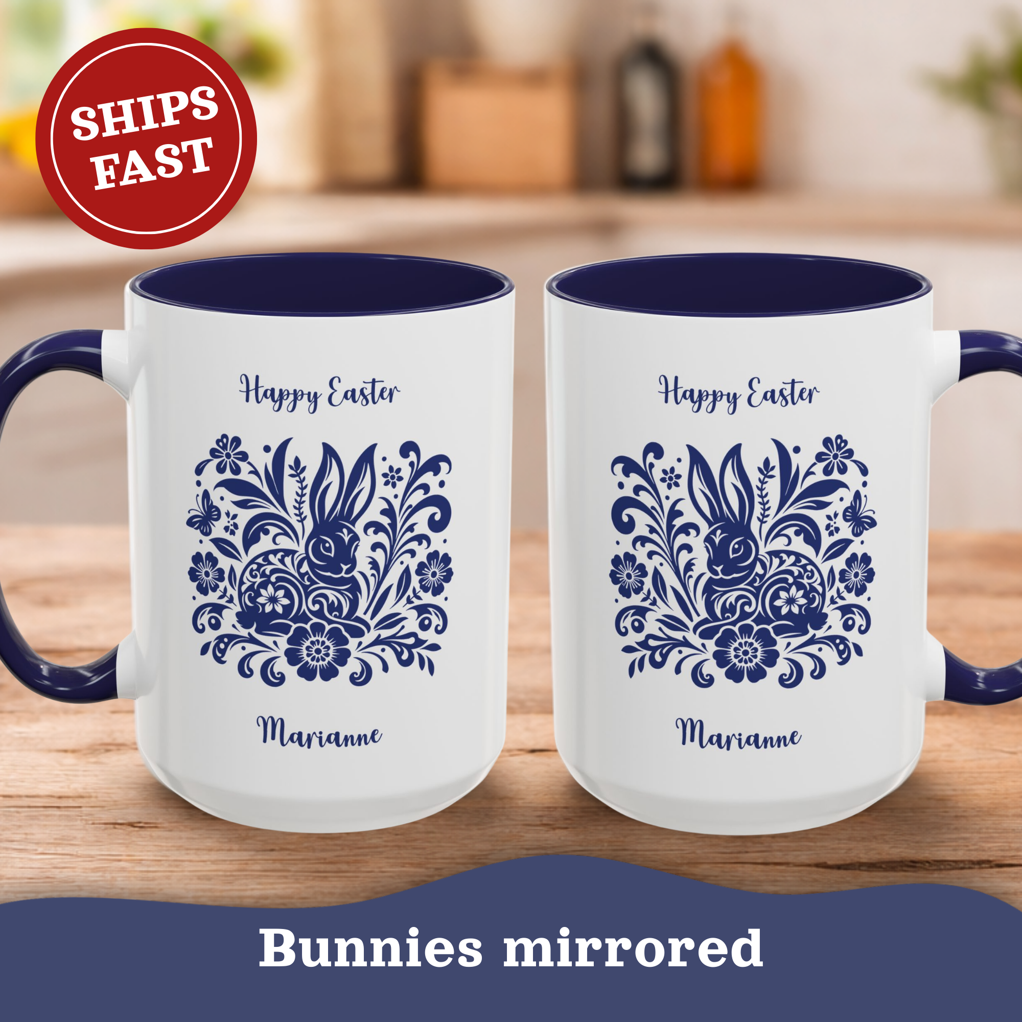 Personalized Blue Folk Bunny Easter Mug – Navy Accent Cup
