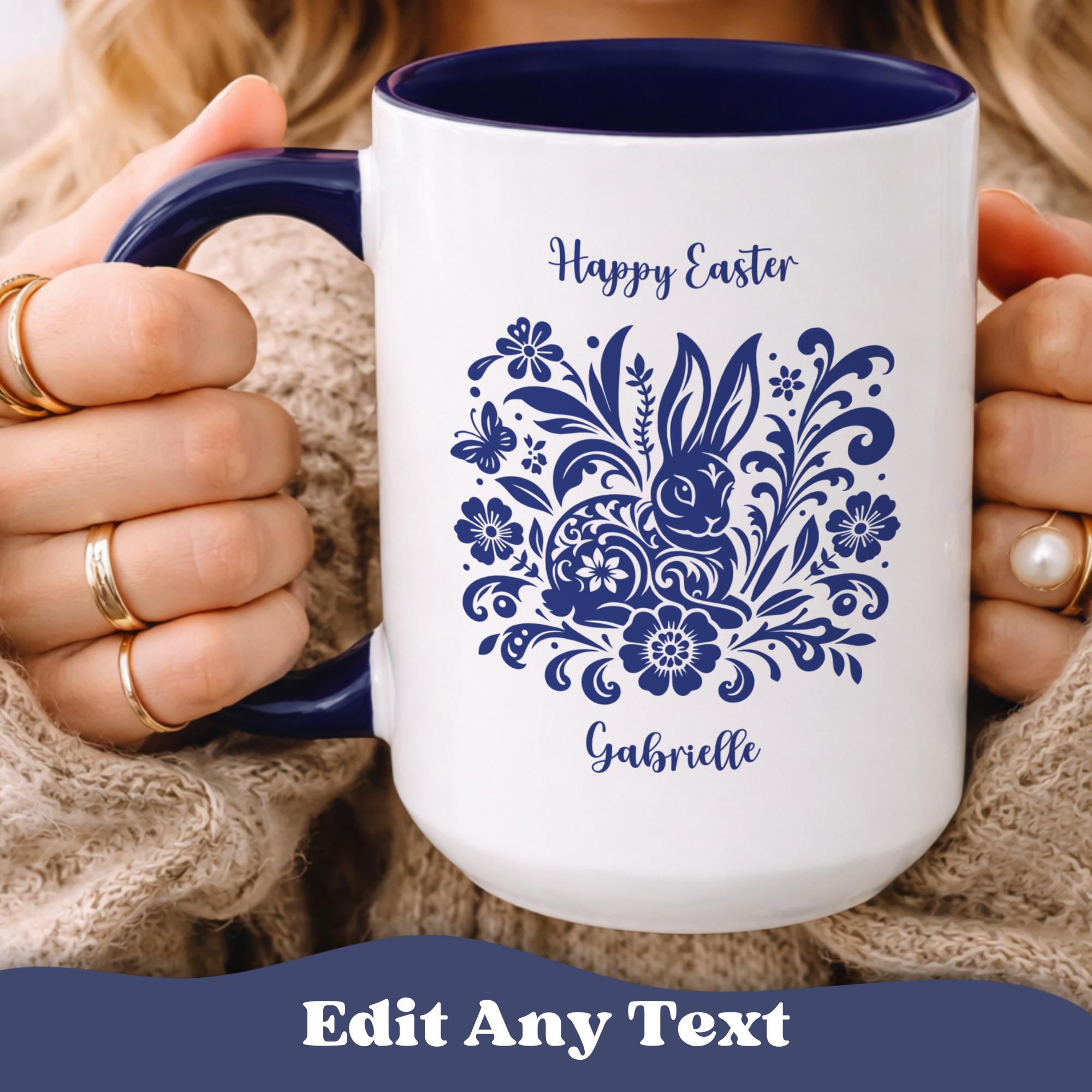 Personalized Blue Folk Bunny Easter Mug – Navy Accent Cup