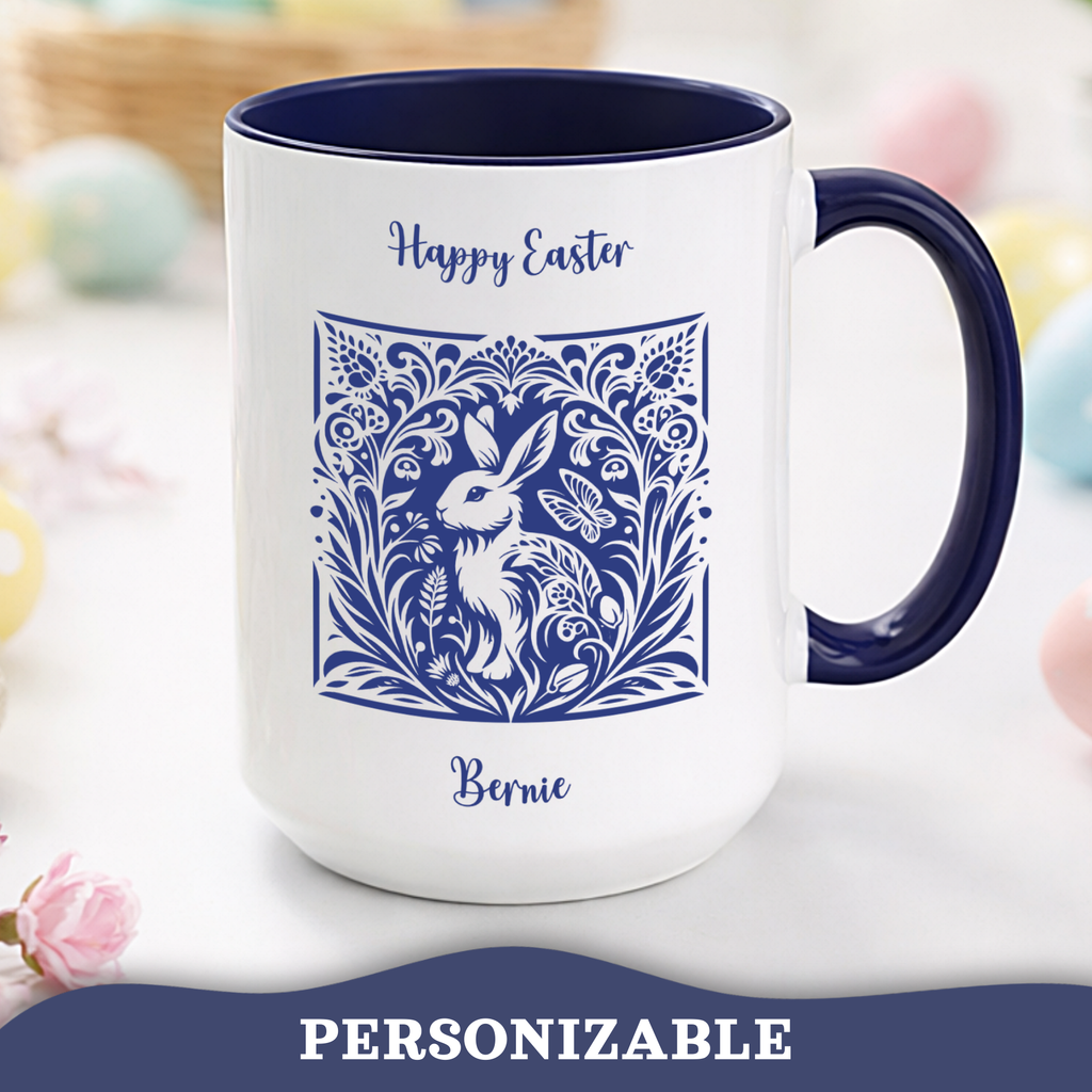 Folk garden bunny Easter accent mug – size and personalisation details