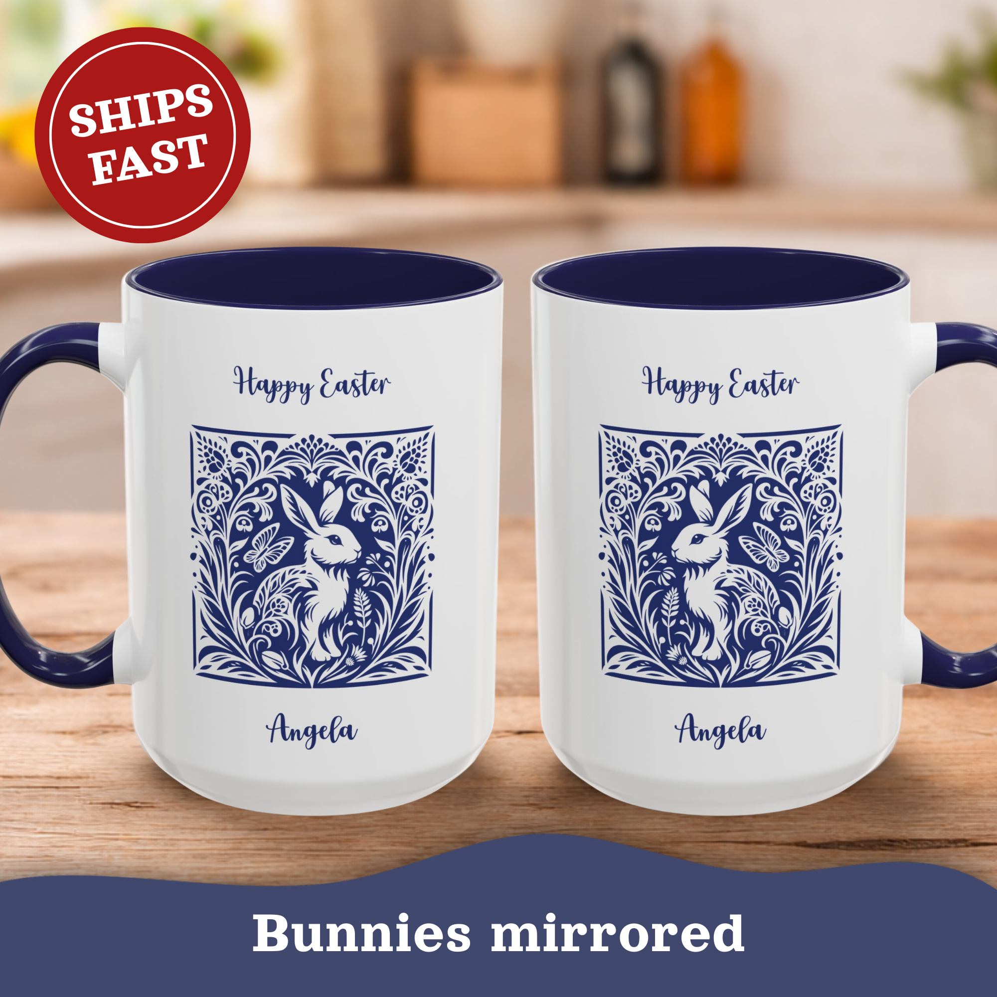 Personalized Folk Garden Bunny Easter Mug – Blue Botanical Accent Cup