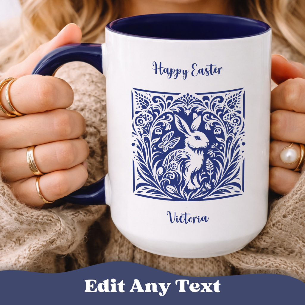 Personalized Folk Garden Bunny Easter Mug – Blue Botanical Accent Cup